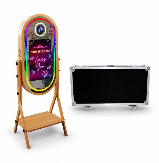 Miroir Ovale Nature avec flight case, finition bois & silhouette arrondie - Grossiste Event