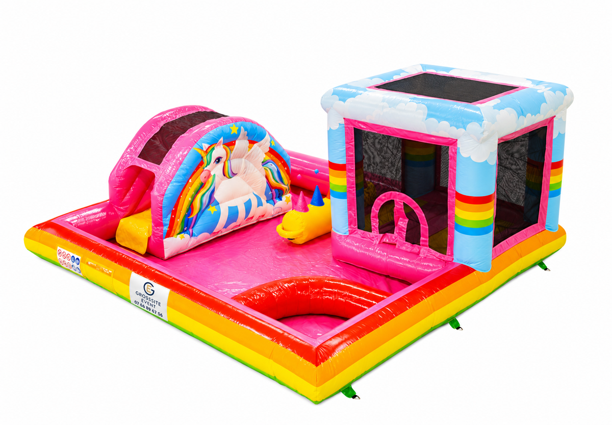 Parc enfants Licorne gonflable avec marquage Grossiste Event sur fond blanc