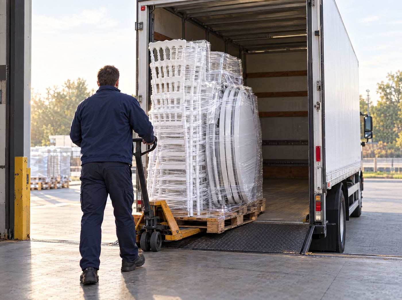 Chargement d'une palette de chaises Napoléon blanches dans un camion de livraison