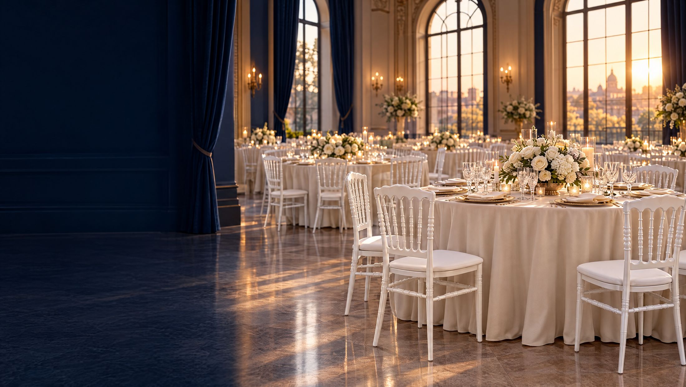 Salle de réception dressée avec des chaises Napoléon blanches et des tables rondes nappées