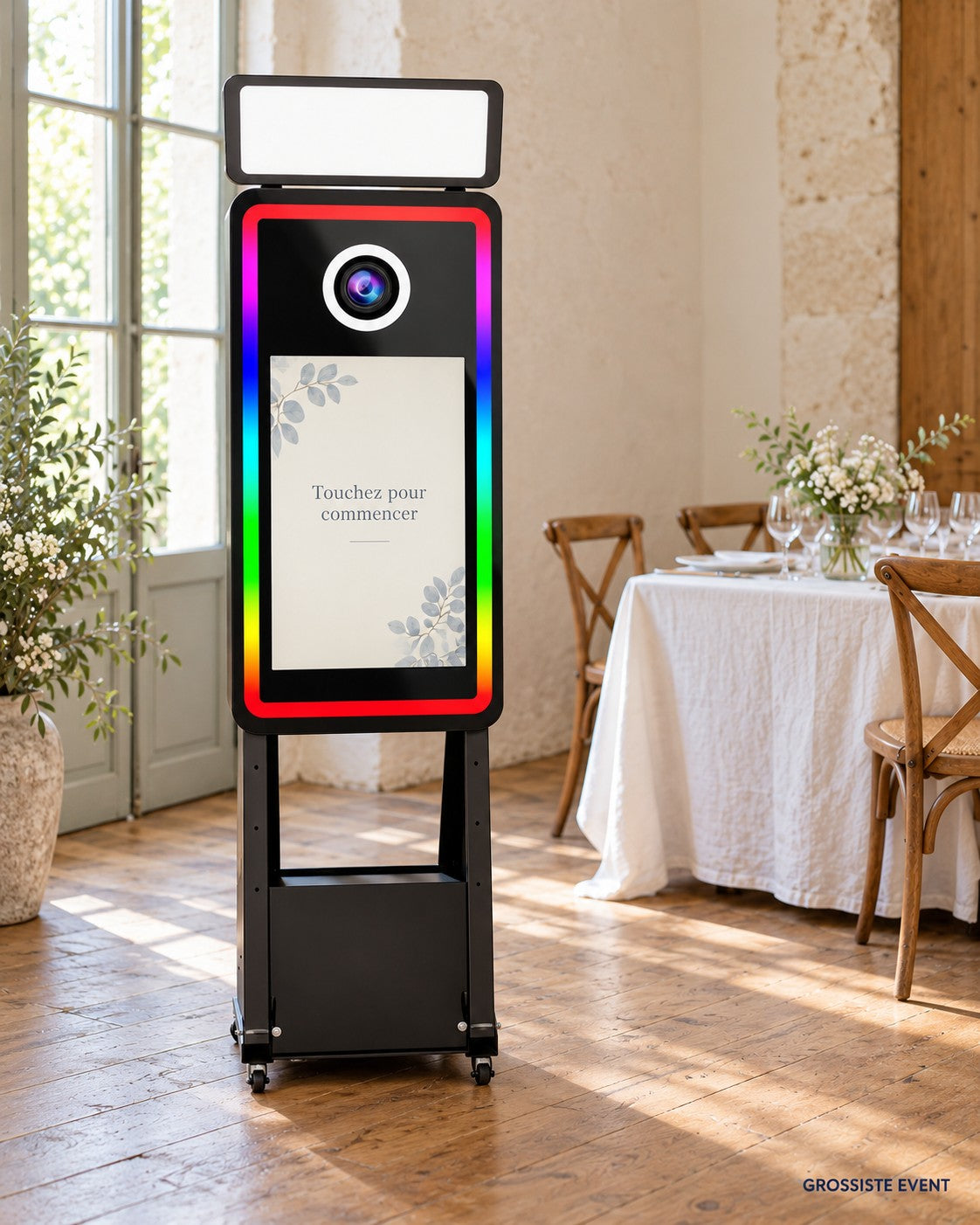 Photobooth Miroir Studio Noir dans une salle de réception lumineuse – mise en situation Grossiste Event