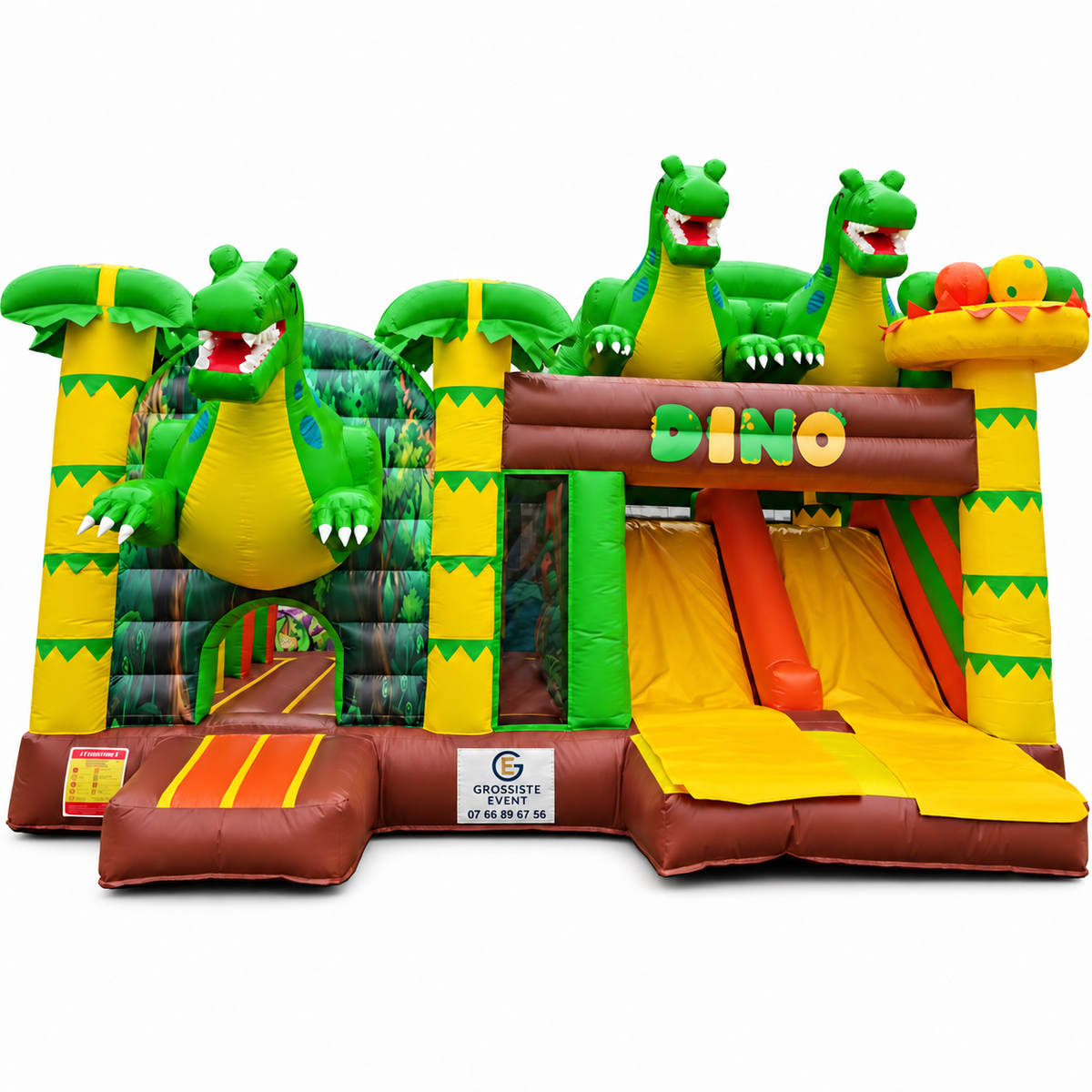 Château Dino gonflable avec marquage Grossiste Event sur fond blanc
