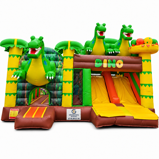 Château Dino gonflable avec marquage Grossiste Event sur fond blanc