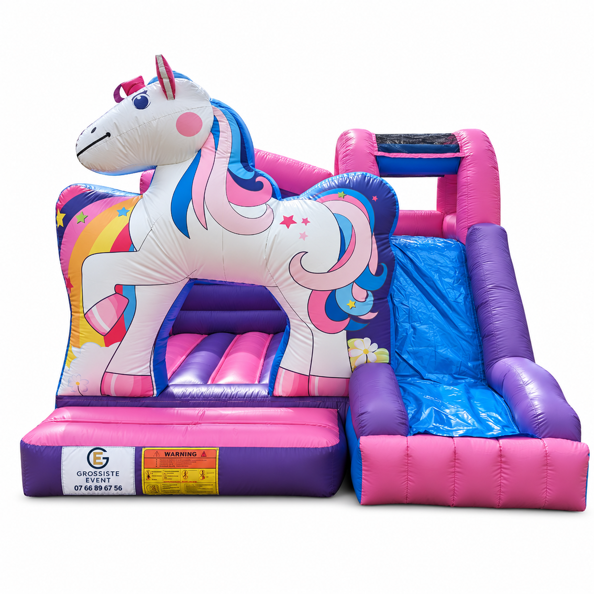 Château Licorne gonflable avec marquage Grossiste Event sur fond blanc