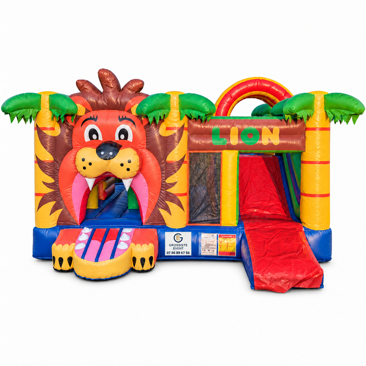 Château Lion gonflable avec marquage Grossiste Event sur fond blanc