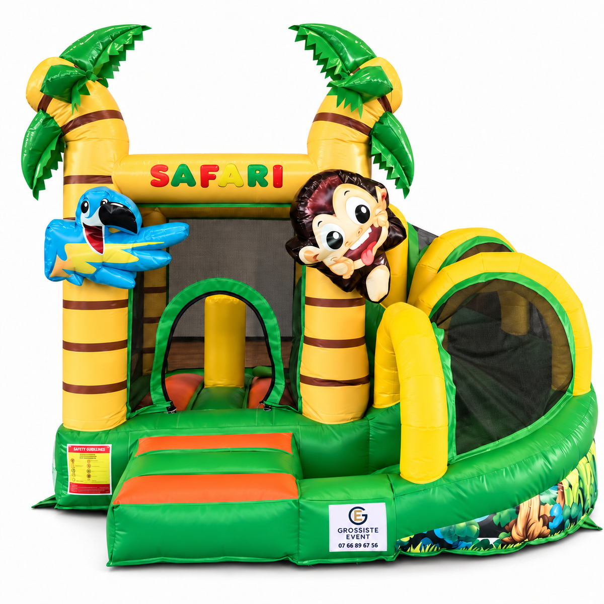 Château Safari gonflable avec marquage Grossiste Event sur fond blanc