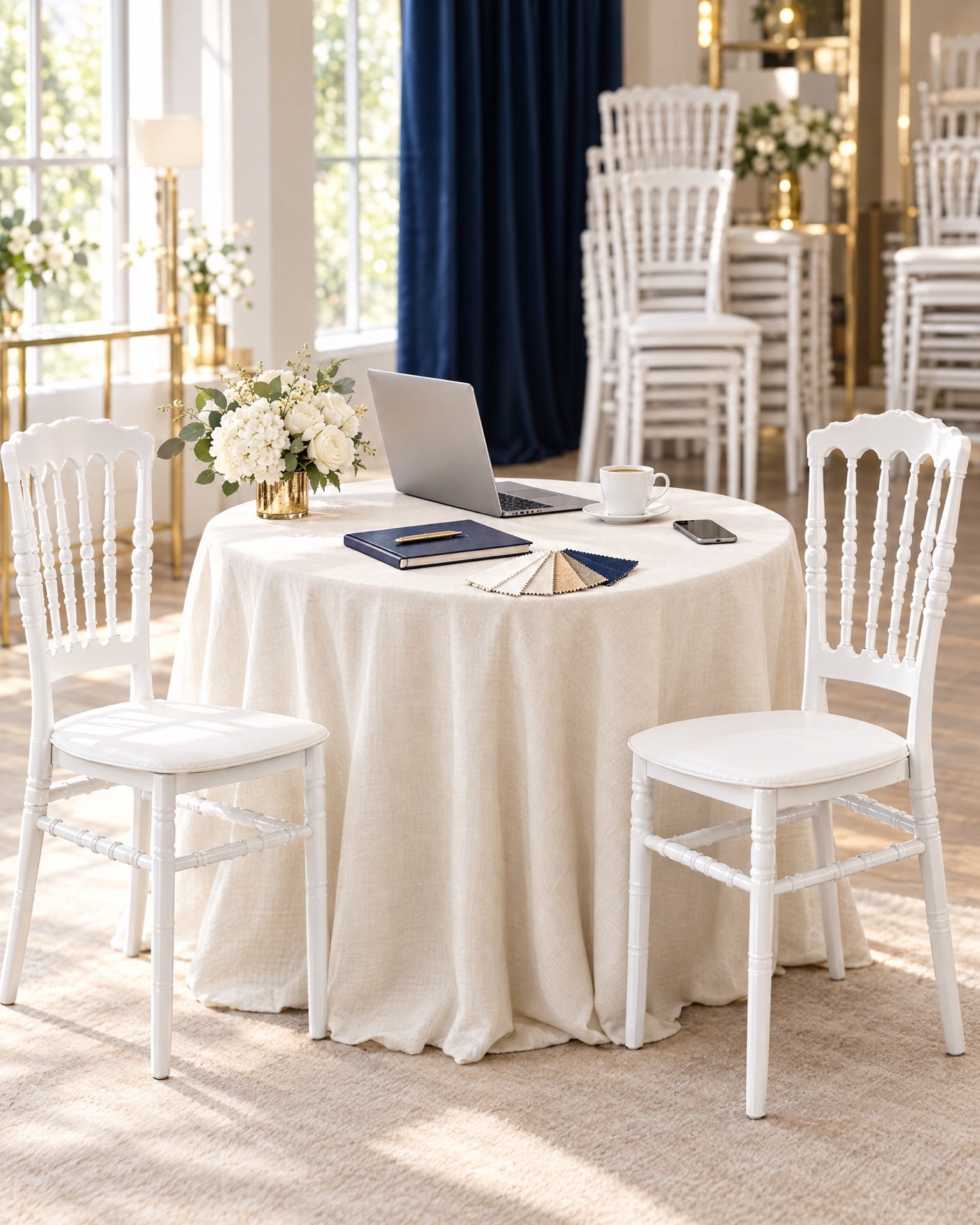Table ronde nappée et chaises Napoléon blanches prêtes pour la préparation d'un devis événementiel